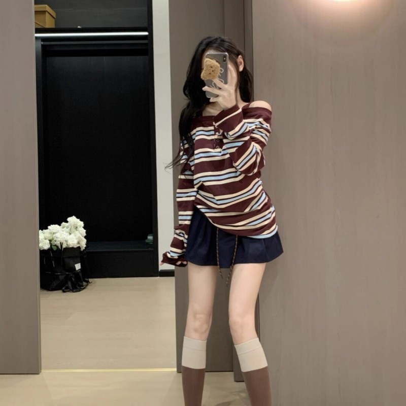 Loose stripe tops strapless bottoming shirt a set