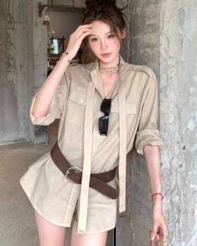 Cotton linen temperament retro shirt fashion long belt