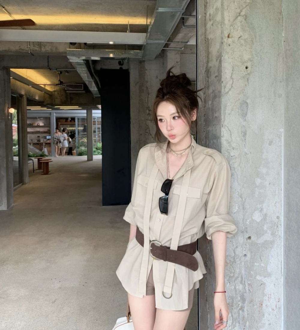 Cotton linen temperament retro shirt fashion long belt