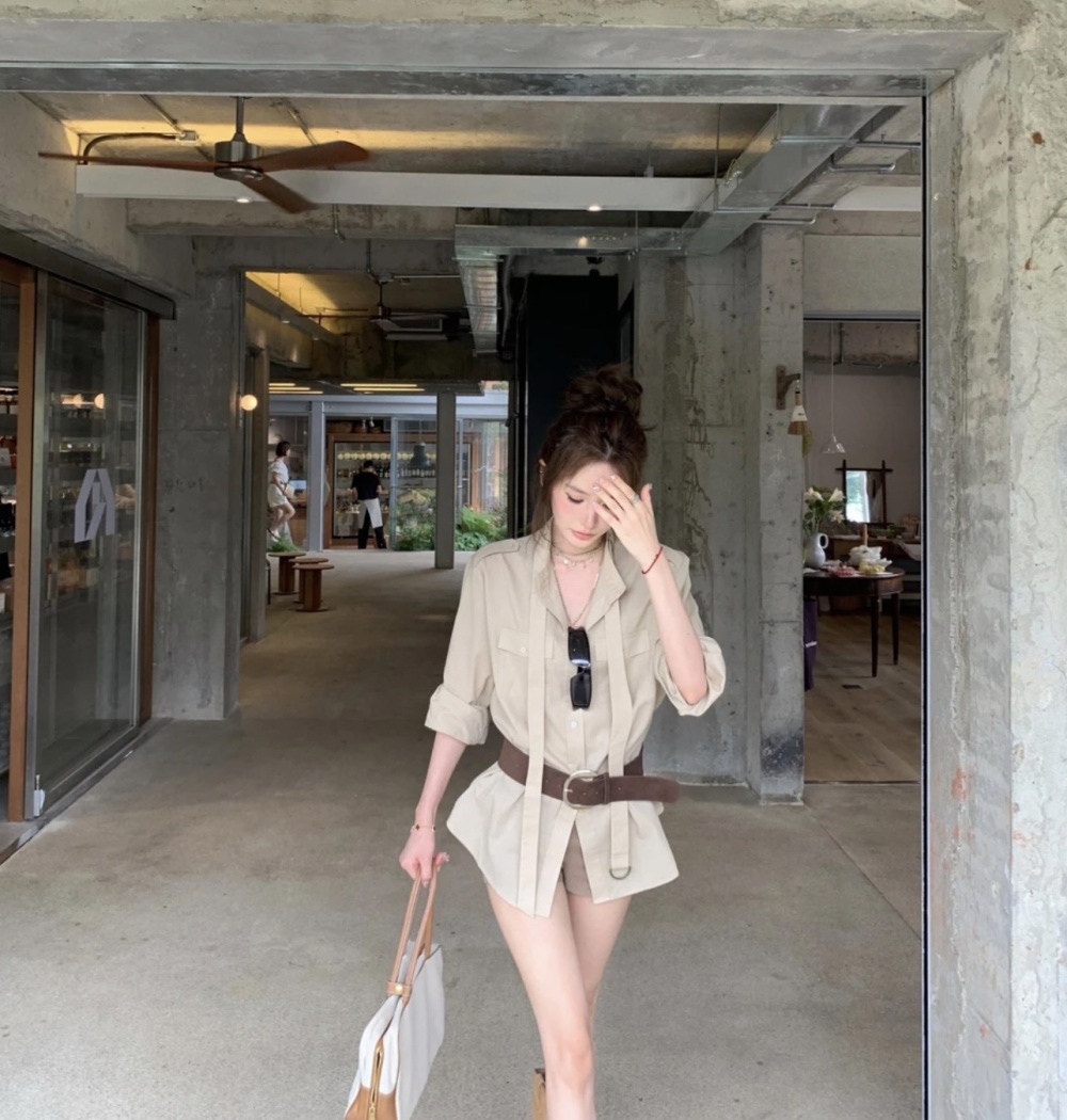 Cotton linen temperament retro shirt fashion long belt