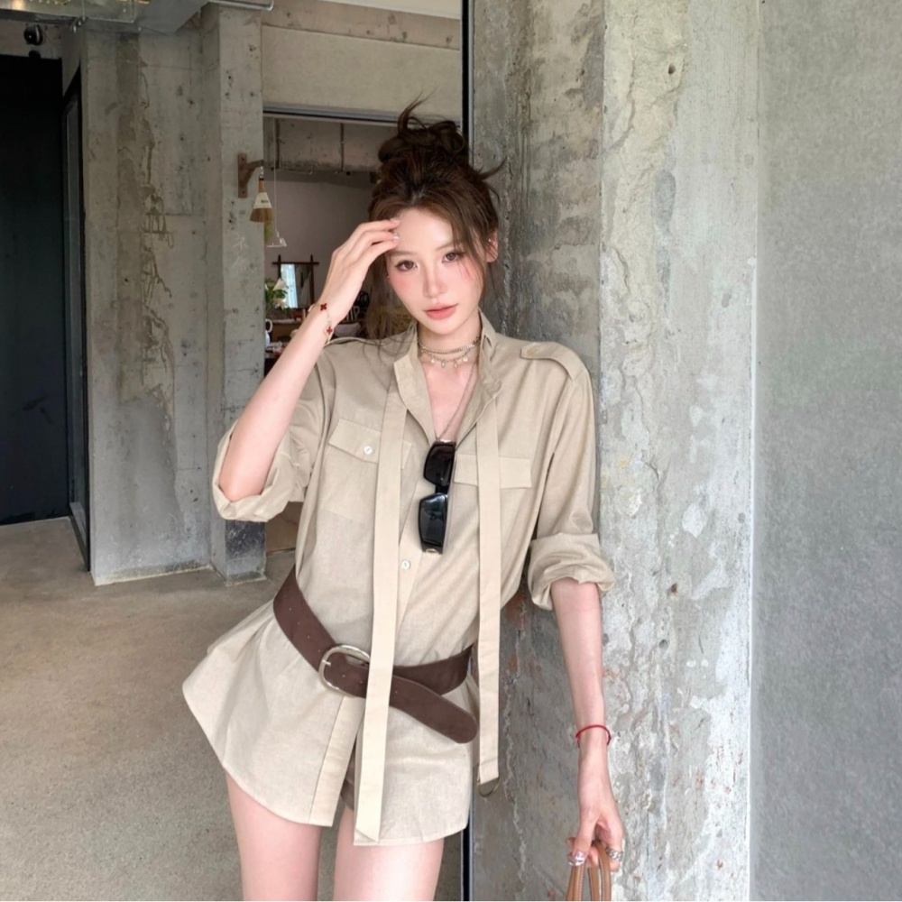 Cotton linen temperament retro shirt fashion long belt