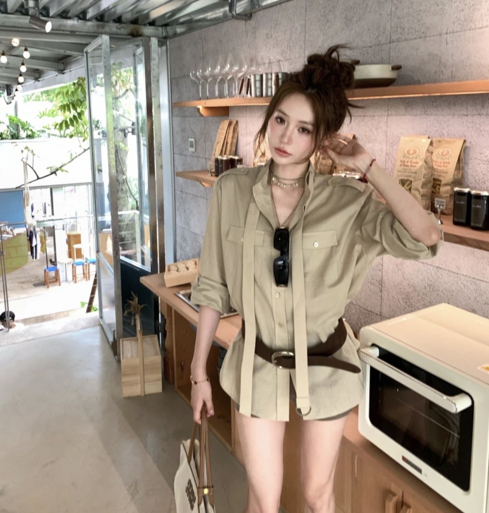 Cotton linen temperament retro shirt fashion long belt