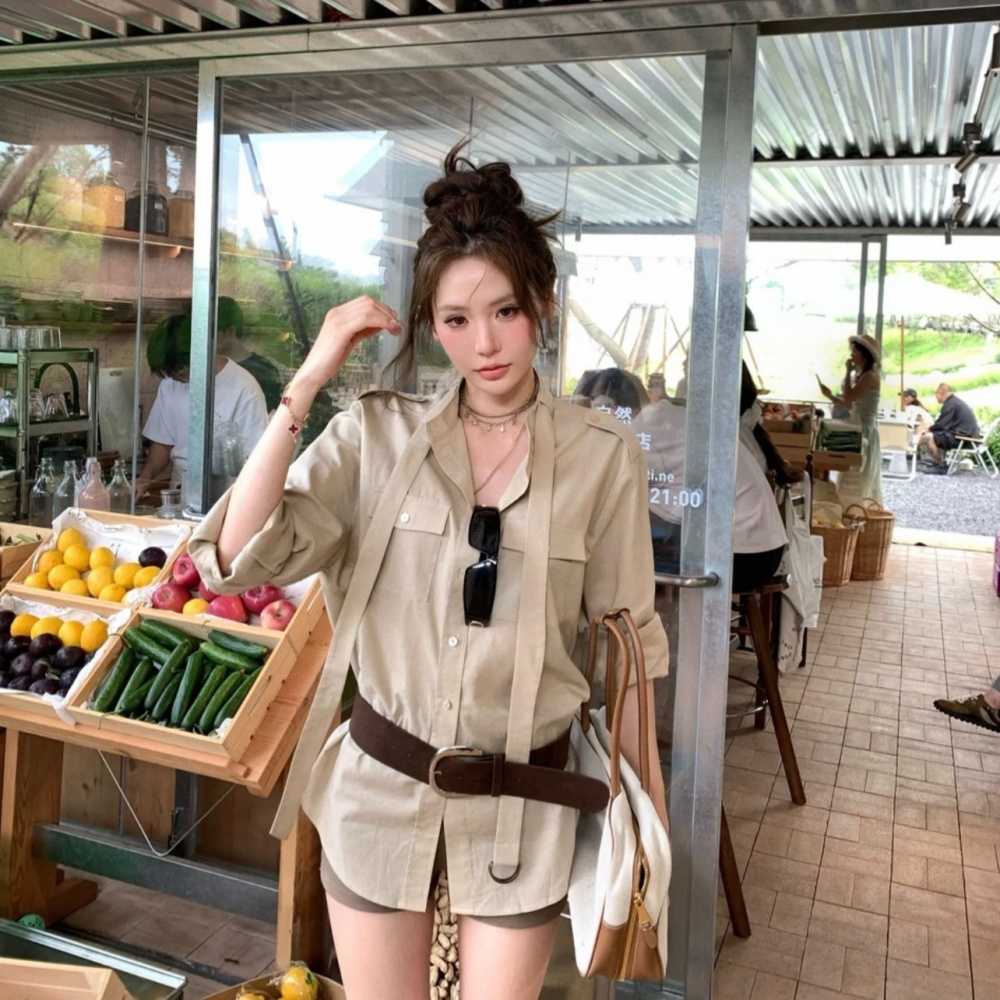 Cotton linen temperament retro shirt fashion long belt