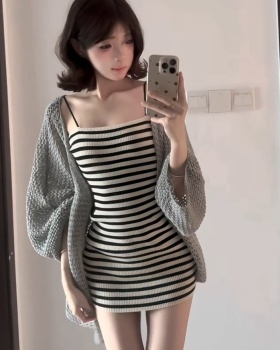 Sunscreen gray cardigan spicegirl dress 2pcs set for women