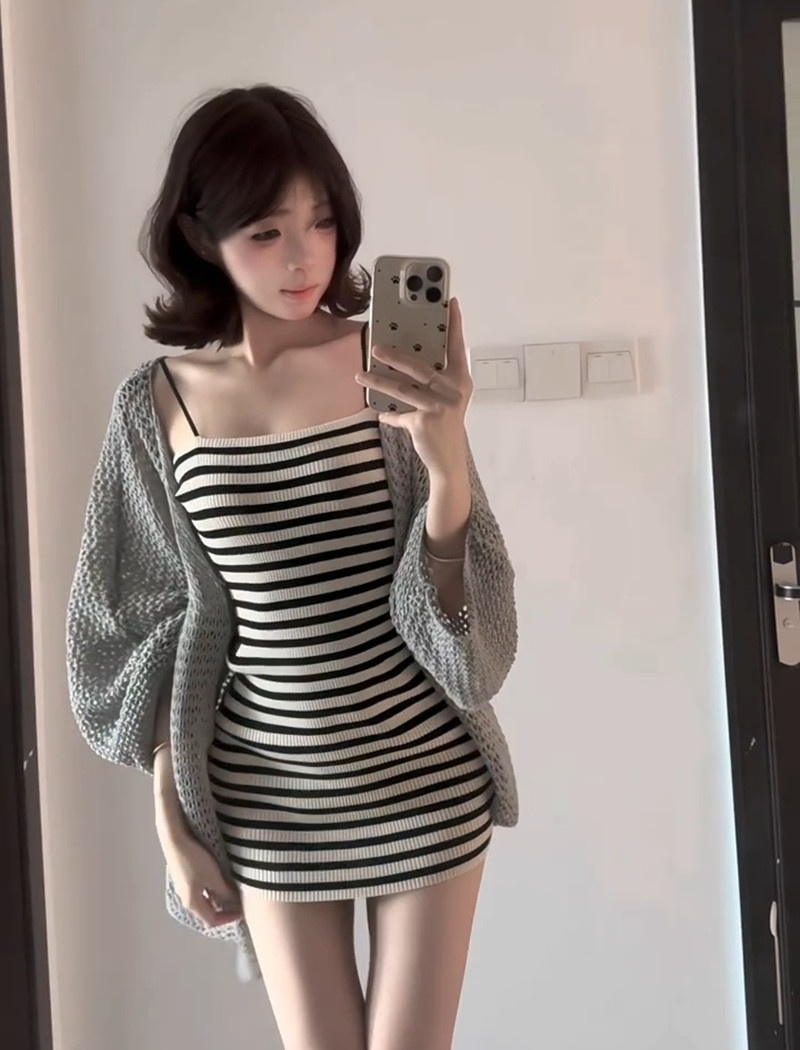 Sunscreen gray cardigan spicegirl dress 2pcs set for women