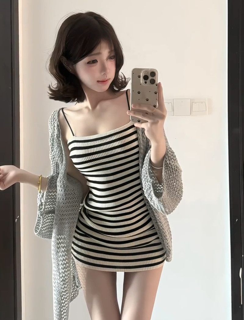 Sunscreen gray cardigan spicegirl dress 2pcs set for women