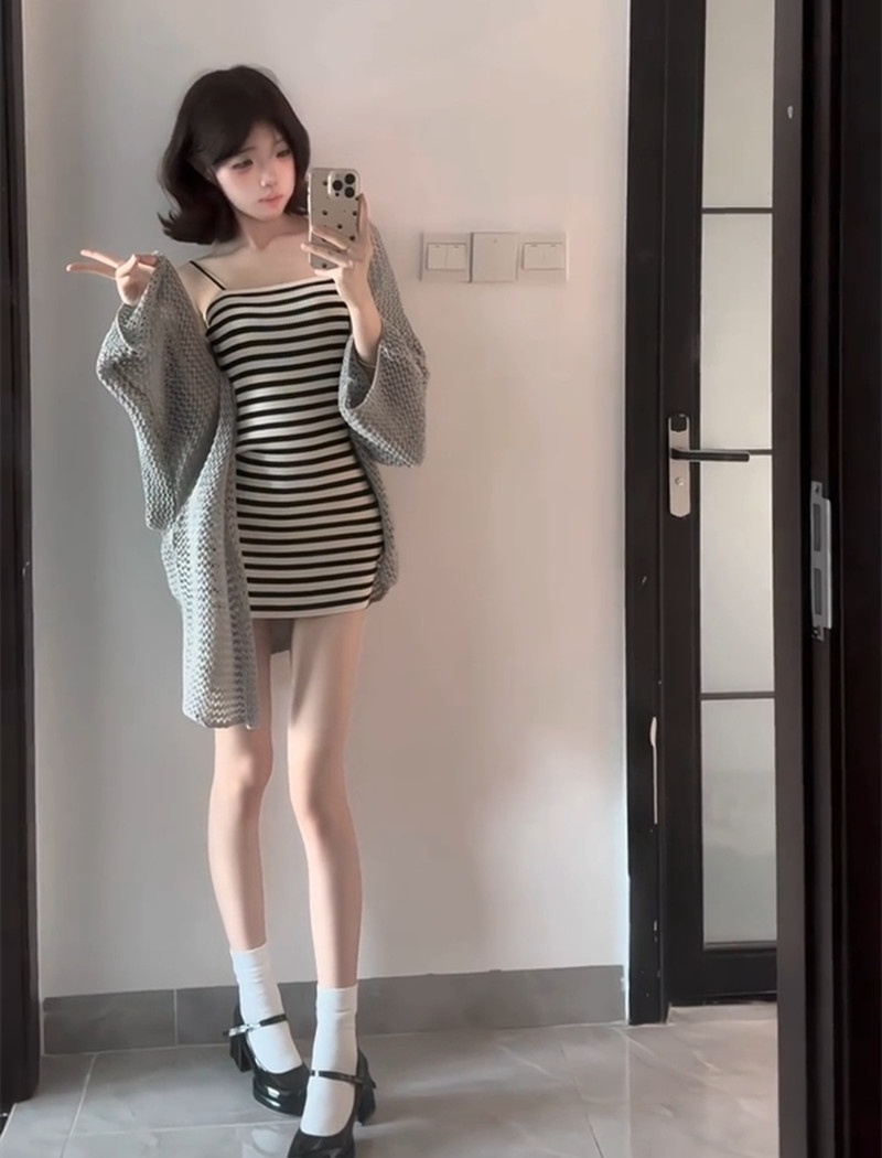 Sunscreen gray cardigan spicegirl dress 2pcs set for women