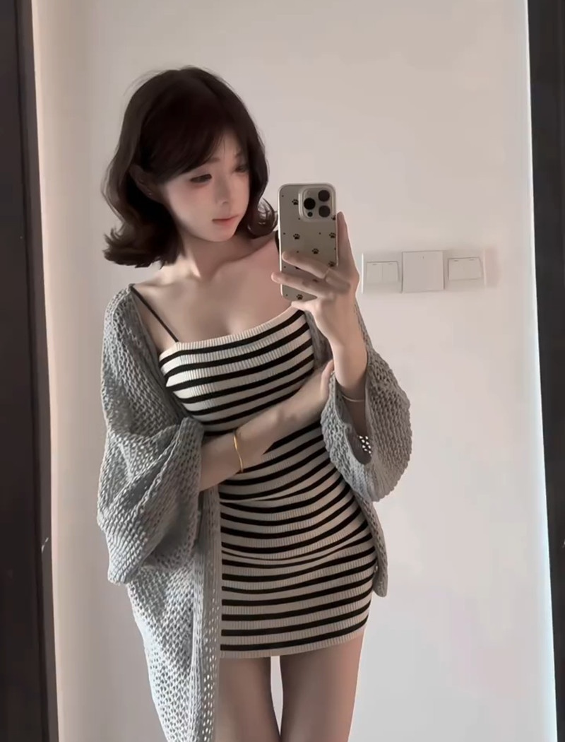Sunscreen gray cardigan spicegirl dress 2pcs set for women