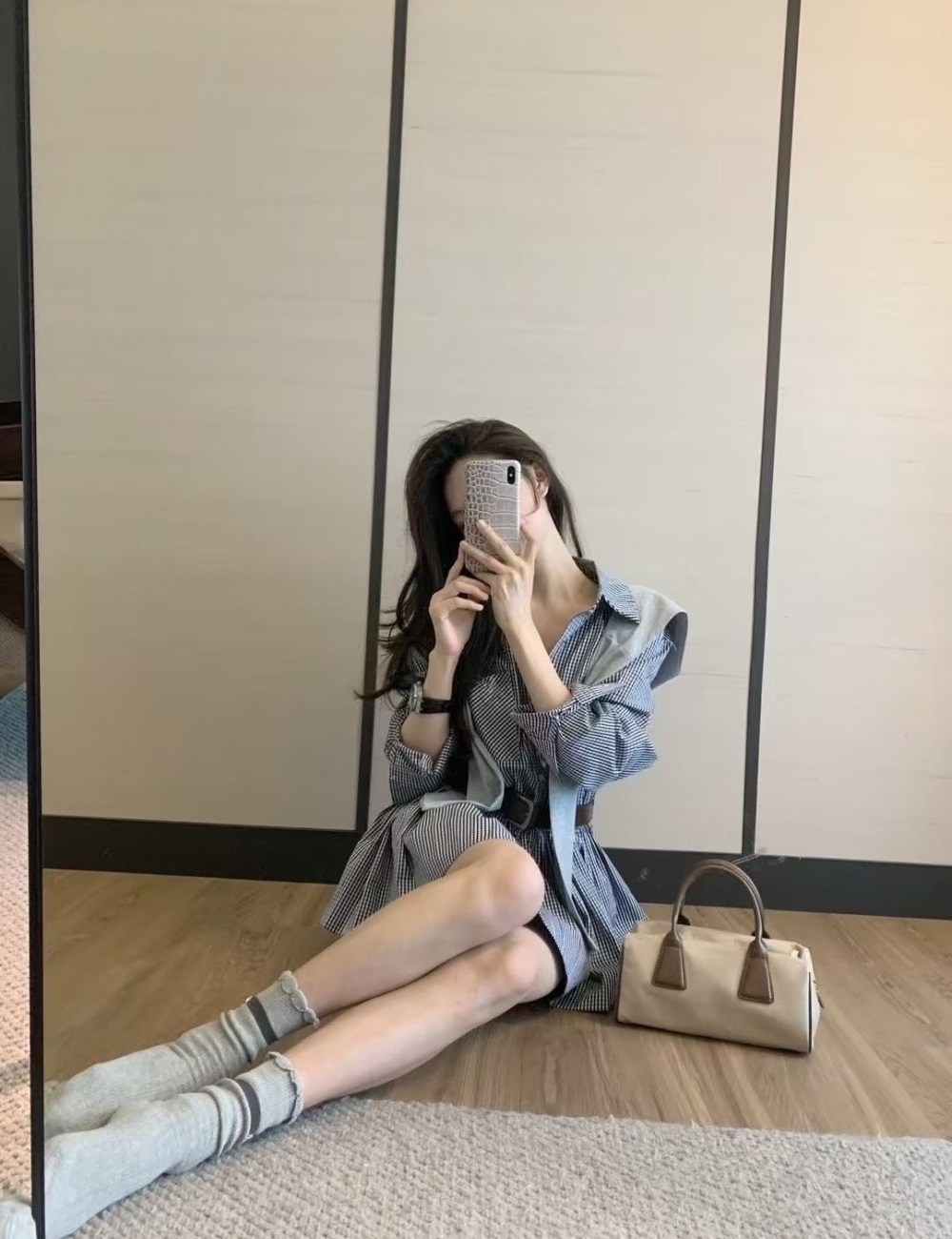 Plaid wool cap long sleeve belt