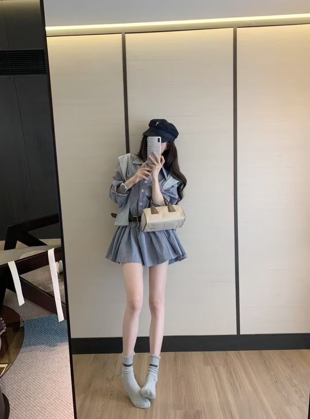 Plaid wool cap long sleeve belt