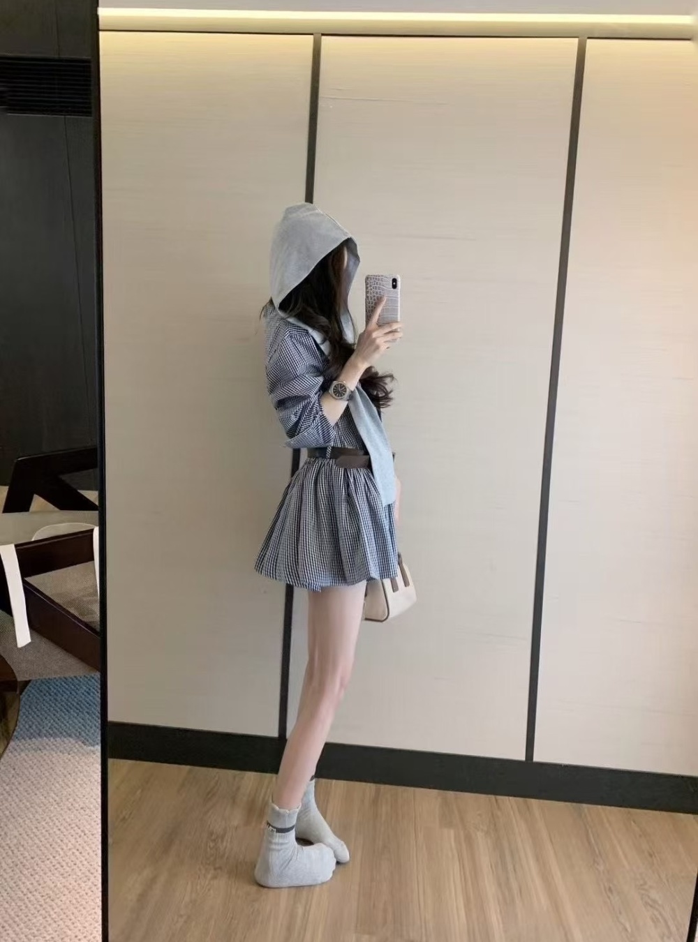 Plaid wool cap long sleeve belt