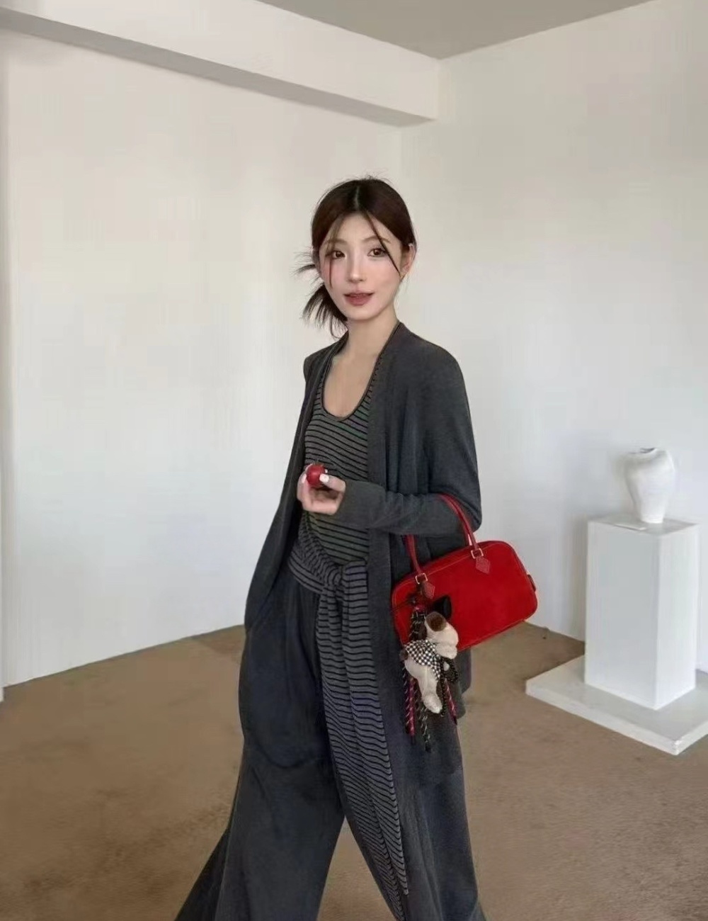 Autumn loose cardigan halter casual pants 3pcs set