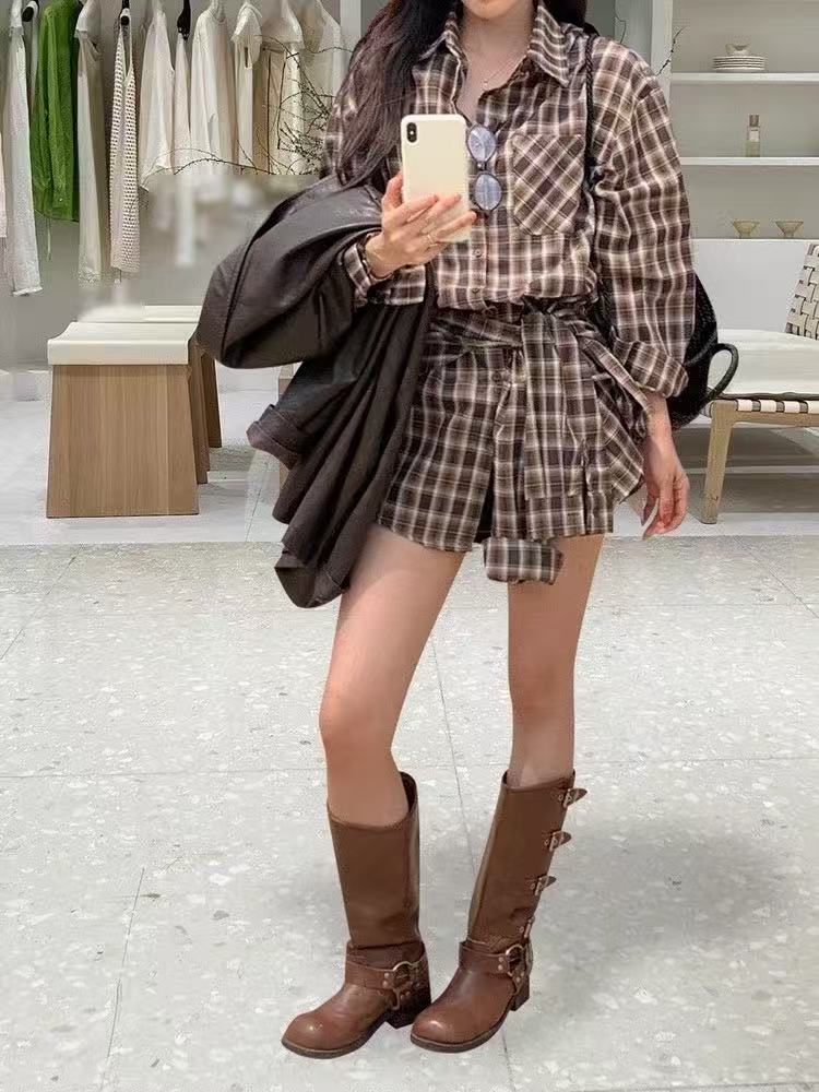 Retro pinched waist plaid long sleeve simple shirt