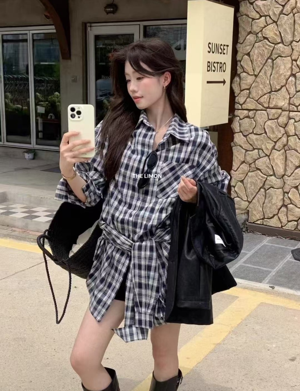Retro pinched waist plaid long sleeve simple shirt
