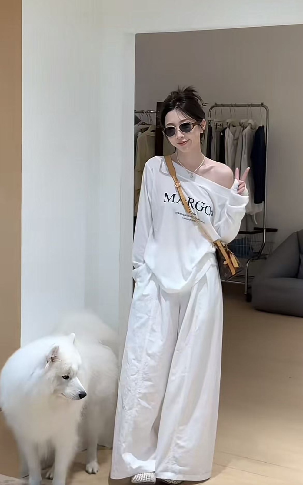 Sloping shoulder Casual pants autumn letters T-shirt a set