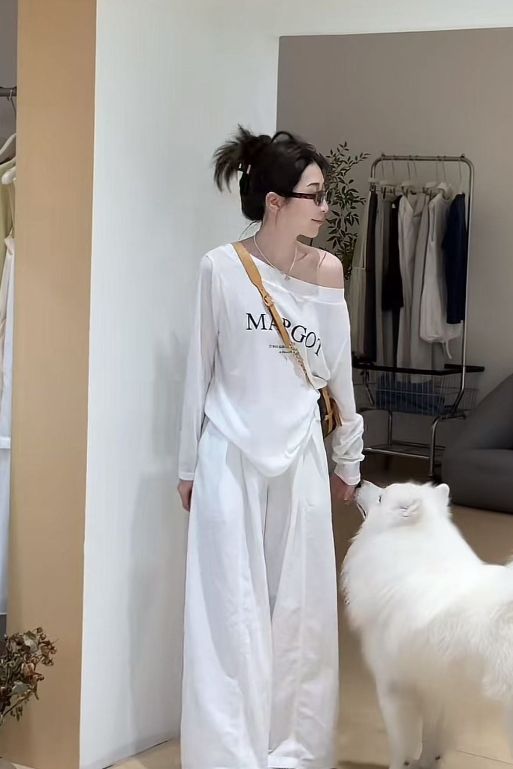 Sloping shoulder Casual pants autumn letters T-shirt a set