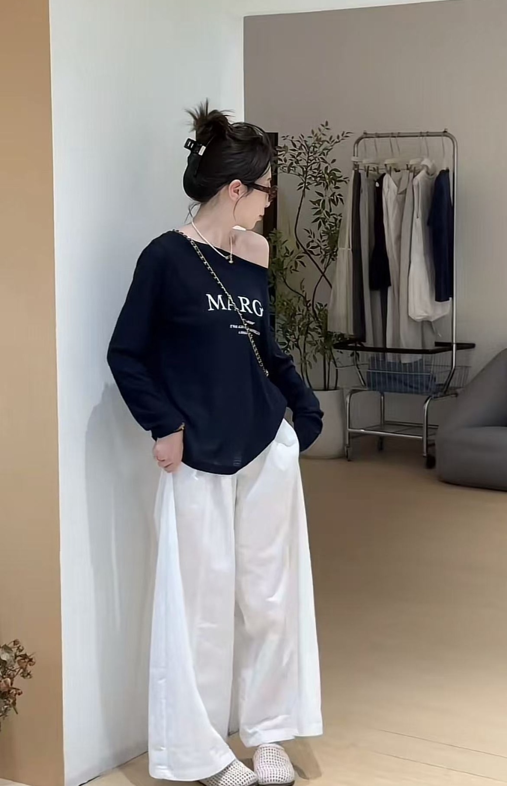 Sloping shoulder Casual pants autumn letters T-shirt a set