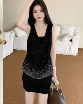 Enticement knitted vest rhinestone package hip dress