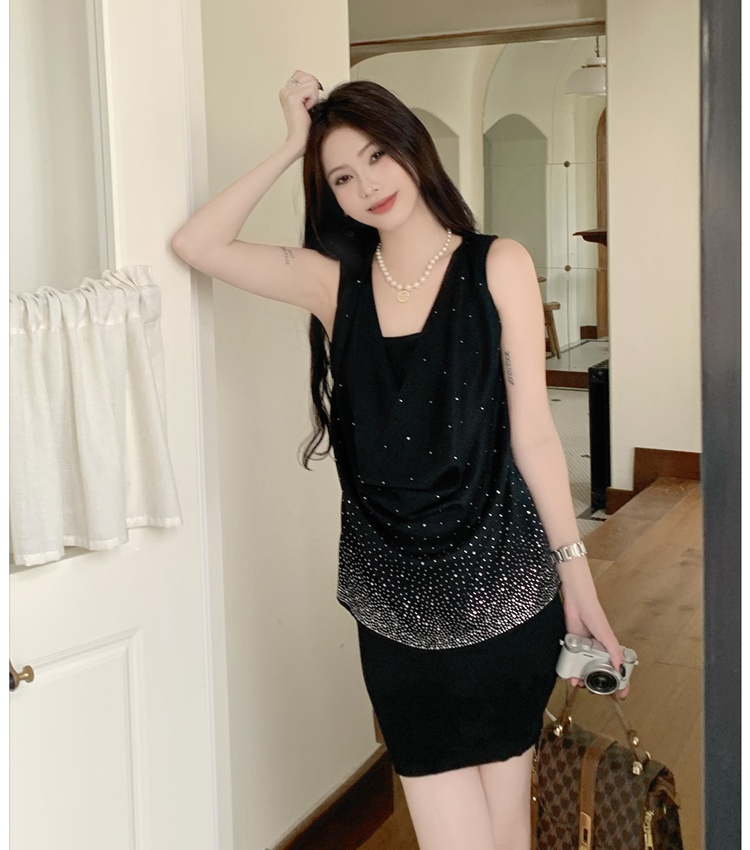 Enticement knitted vest rhinestone package hip dress