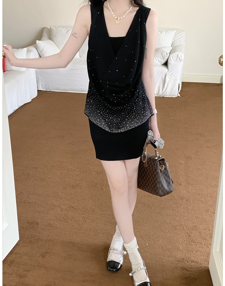 Enticement knitted vest rhinestone package hip dress