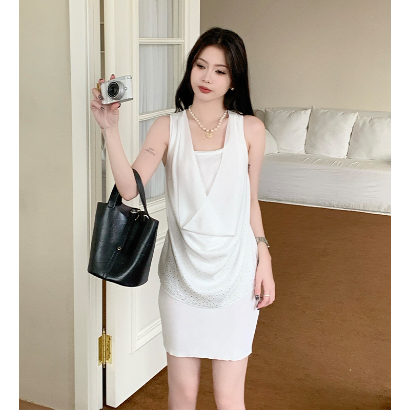 Enticement knitted vest rhinestone package hip dress