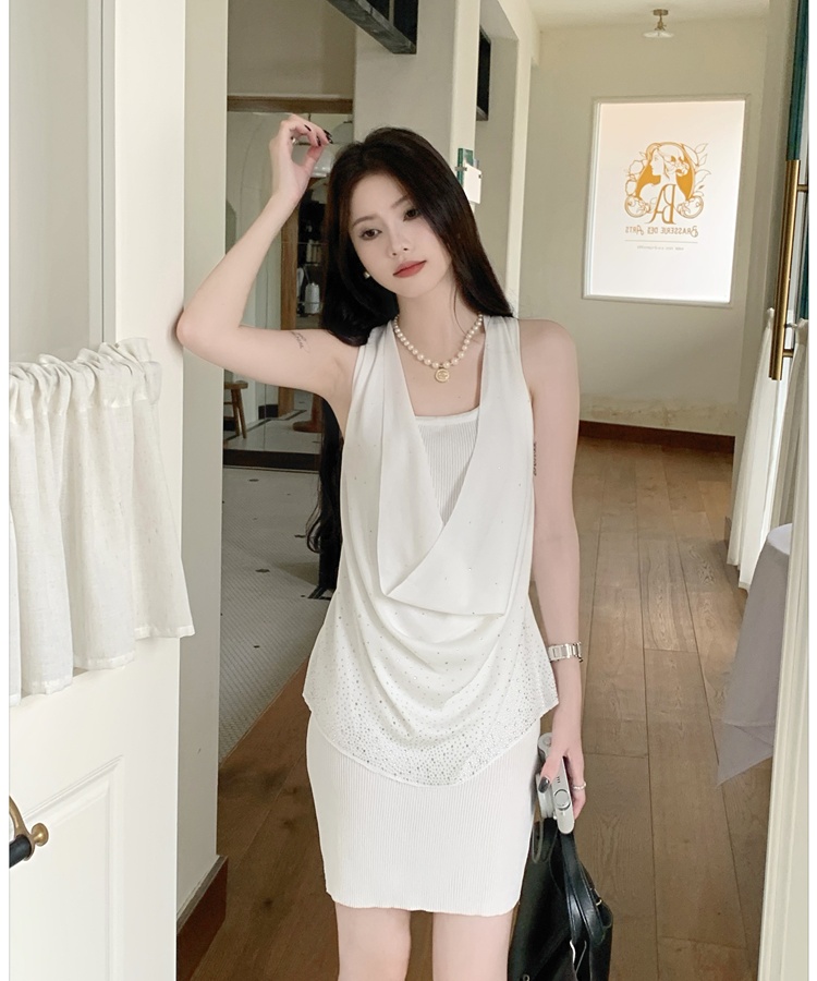 Enticement knitted vest rhinestone package hip dress