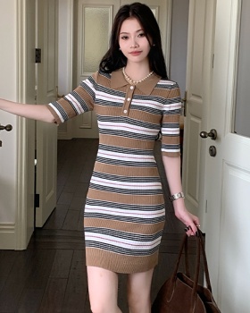 Stripe package hip dress slim pinched waist T-back
