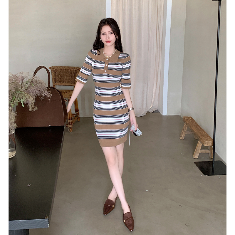 Stripe package hip dress slim pinched waist T-back