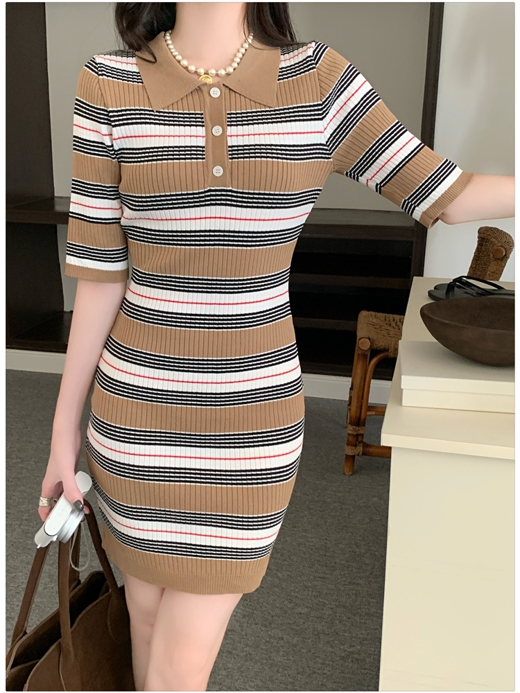 Stripe package hip dress slim pinched waist T-back