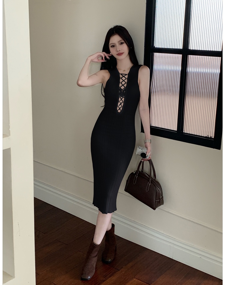 Slim elasticity V-neck temperament knitted sexy dress