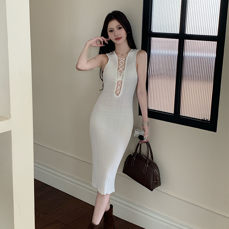 Slim elasticity V-neck temperament knitted sexy dress