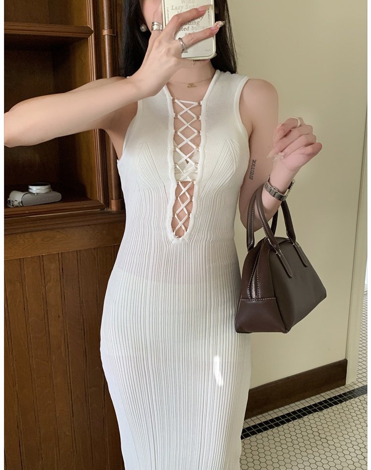 Slim elasticity V-neck temperament knitted sexy dress