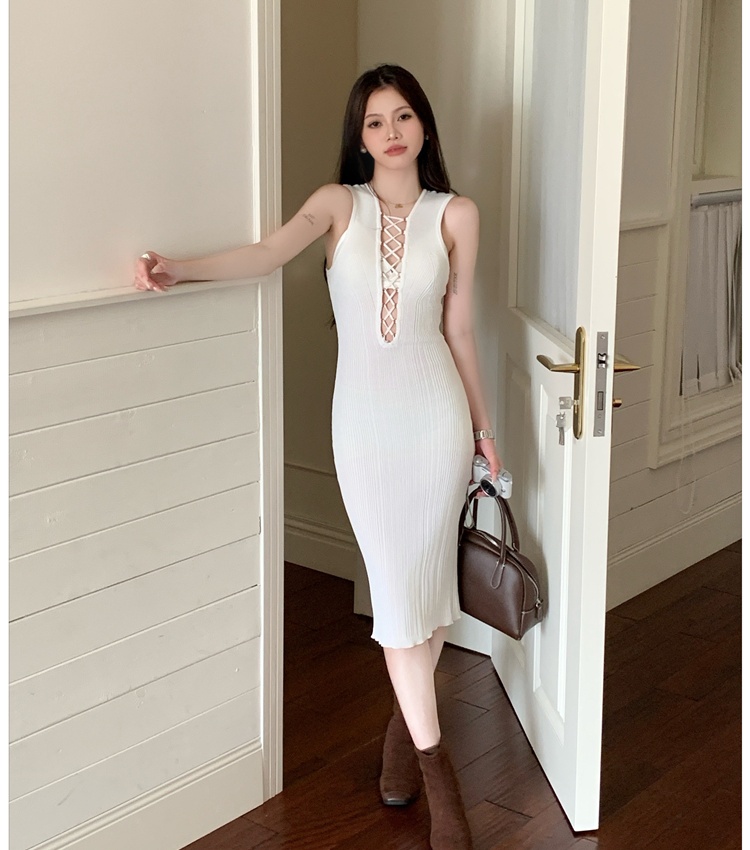 Slim elasticity V-neck temperament knitted sexy dress