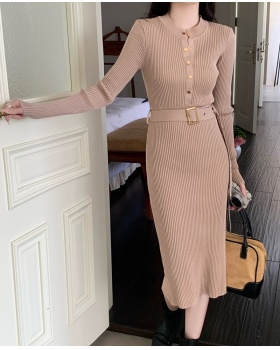 Temperament round neck with belt knitted Korean style dress