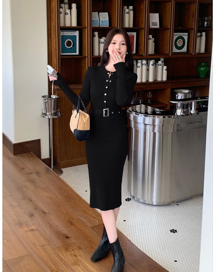 Temperament round neck with belt knitted Korean style dress