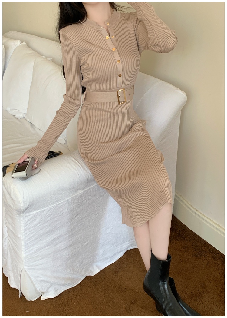 Temperament round neck with belt knitted Korean style dress