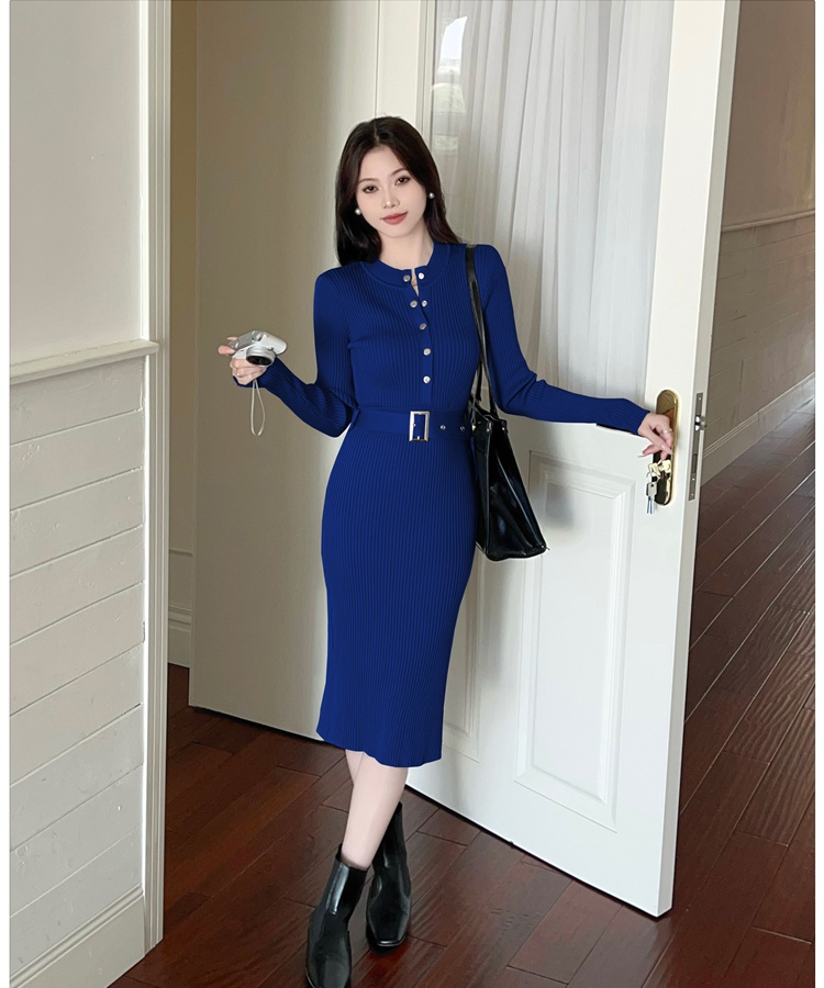 Temperament round neck with belt knitted Korean style dress