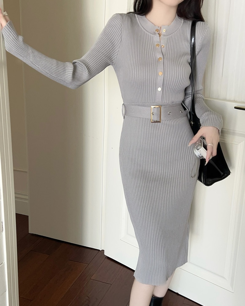 Temperament round neck with belt knitted Korean style dress
