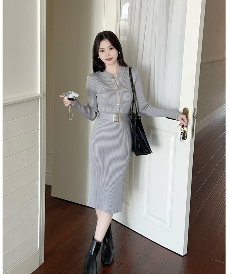 Temperament round neck with belt knitted Korean style dress