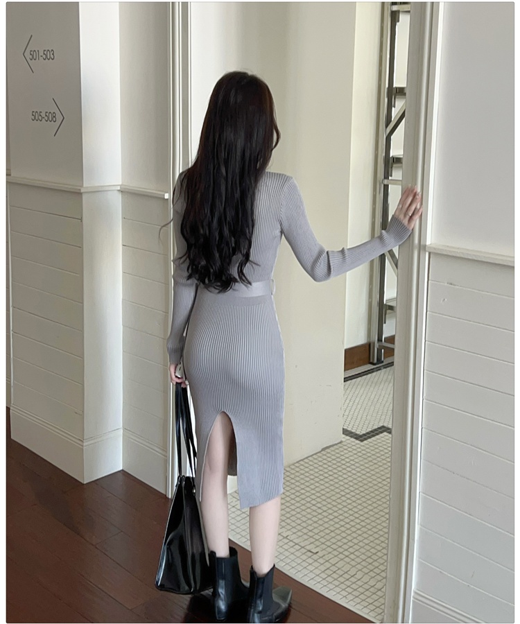 Temperament round neck with belt knitted Korean style dress