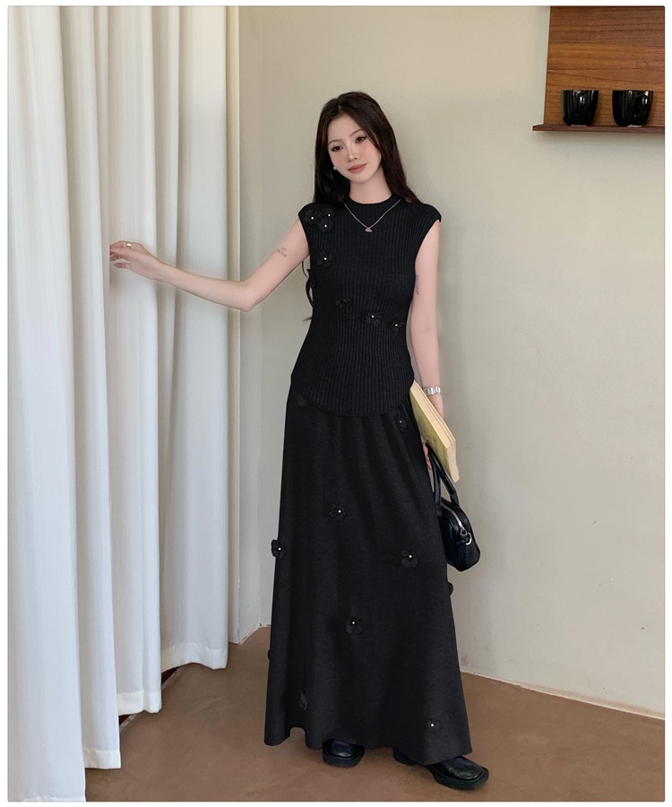 Long vest France style skirt 2pcs set for women