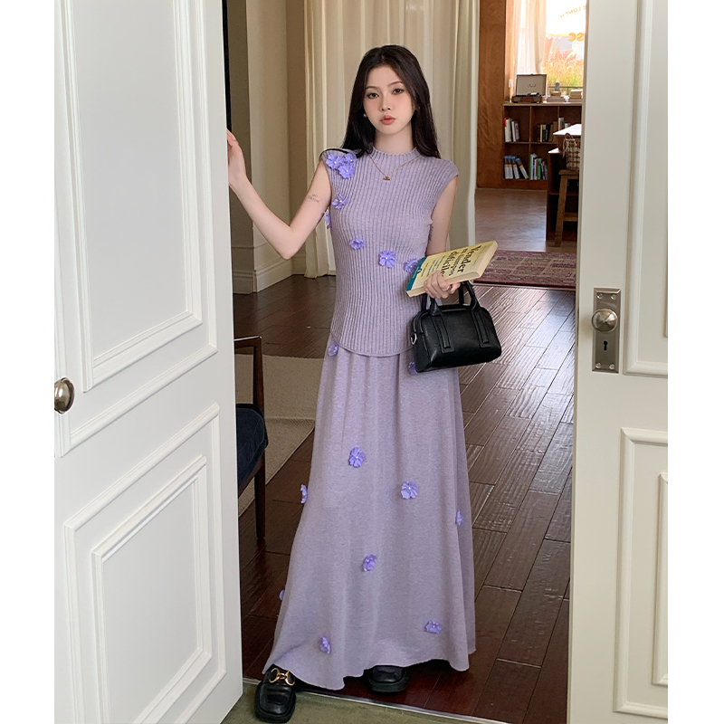 Long vest France style skirt 2pcs set for women