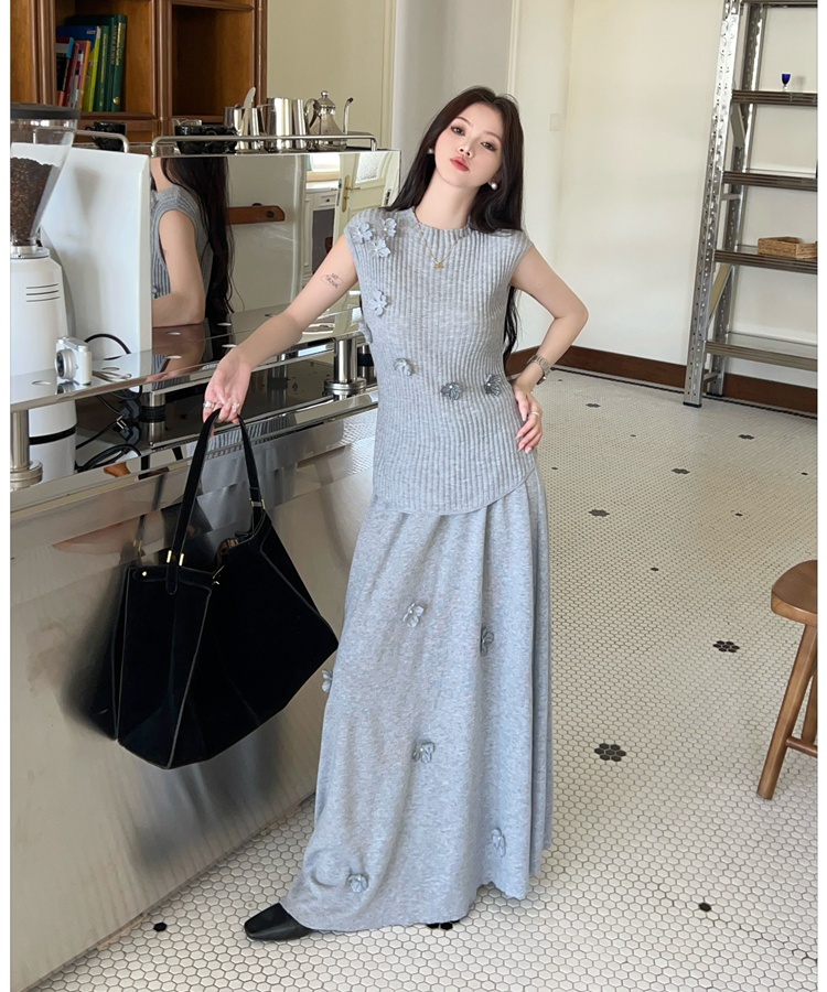 Long vest France style skirt 2pcs set for women