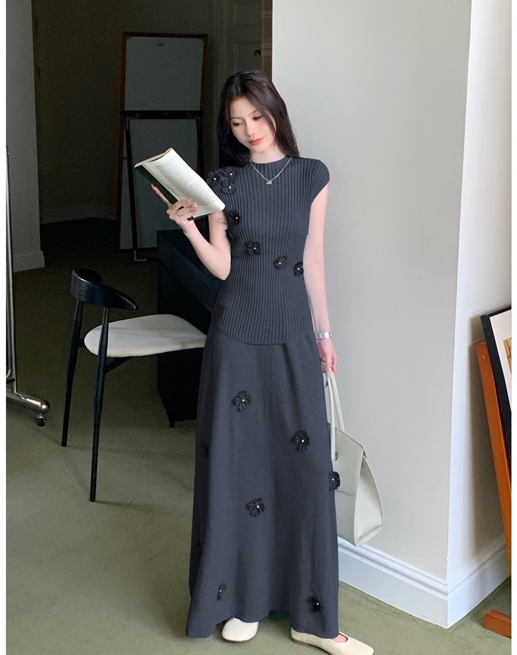 Long vest France style skirt 2pcs set for women