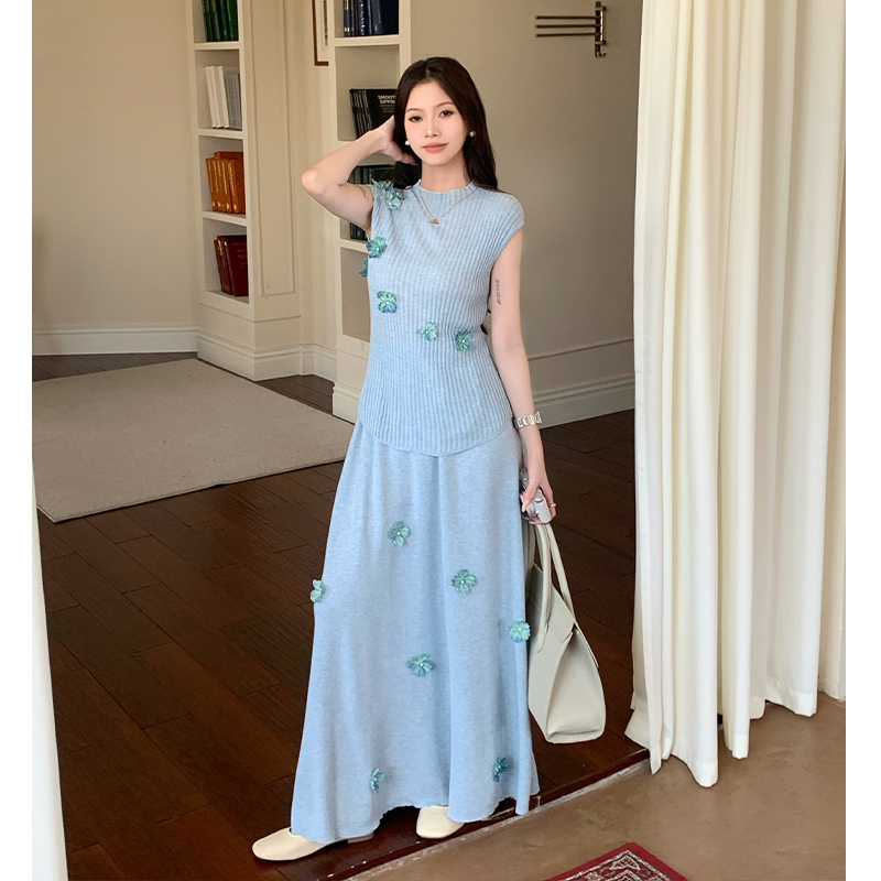 Long vest France style skirt 2pcs set for women