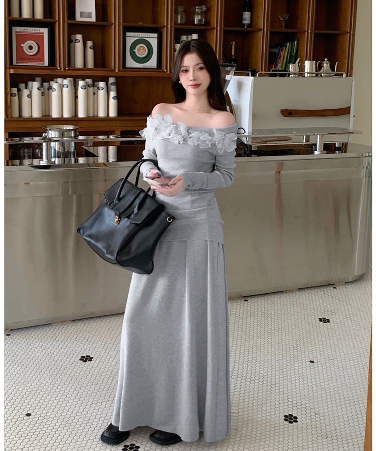 Slim knitted skirt flowers flat shoulder tops a set