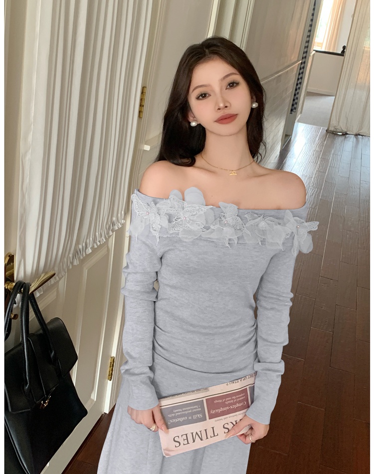 Slim knitted skirt flowers flat shoulder tops a set