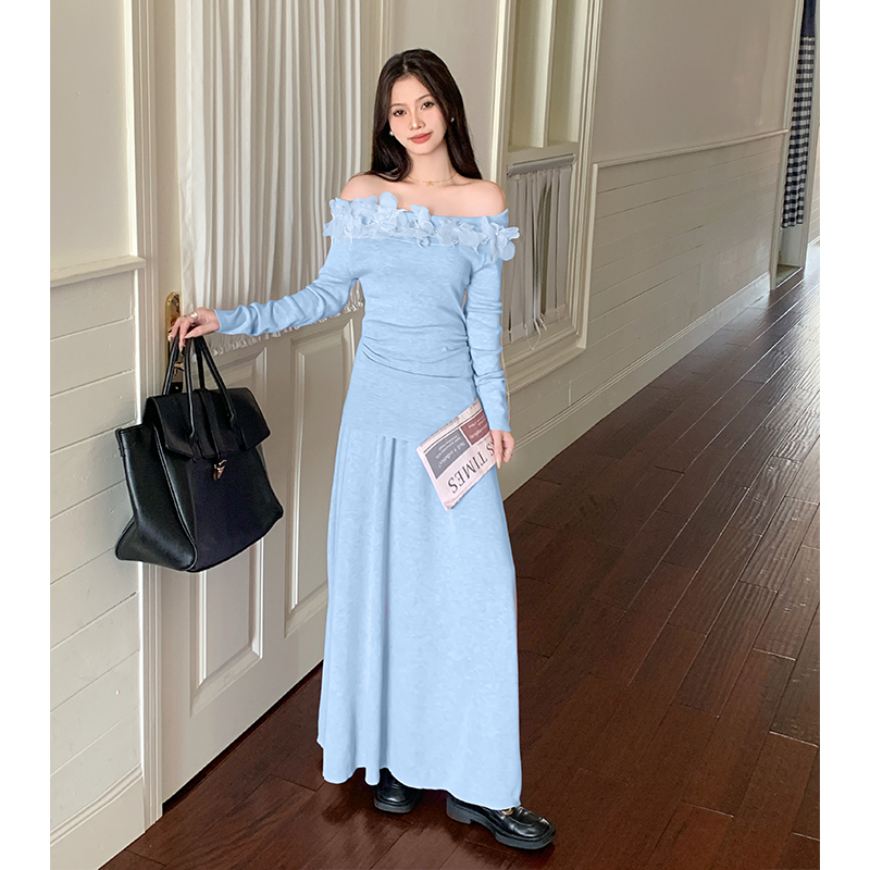 Slim knitted skirt flowers flat shoulder tops a set