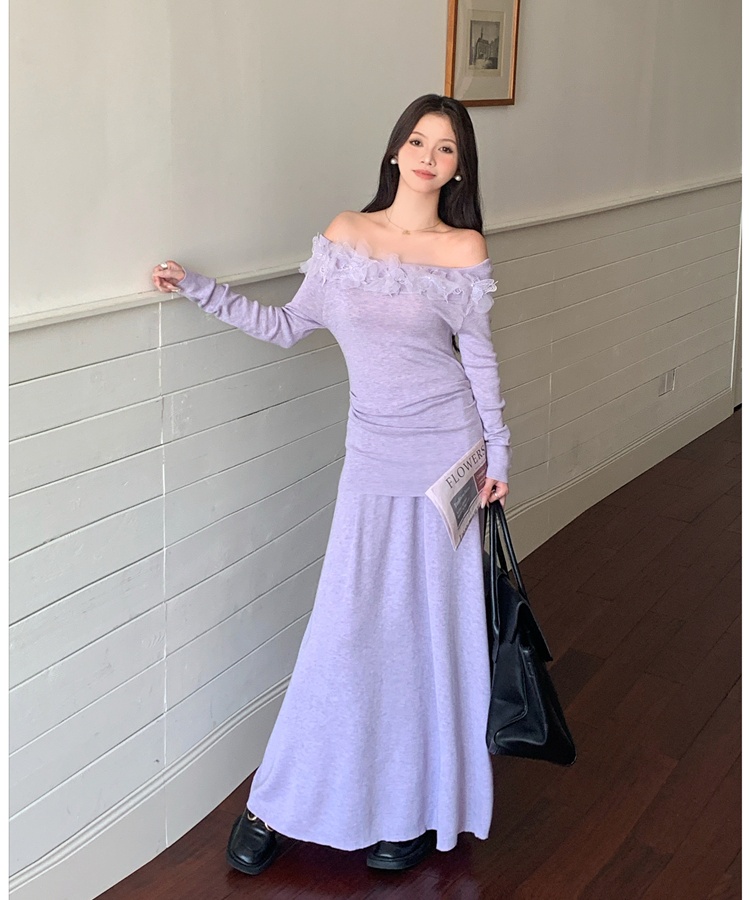 Slim knitted skirt flowers flat shoulder tops a set