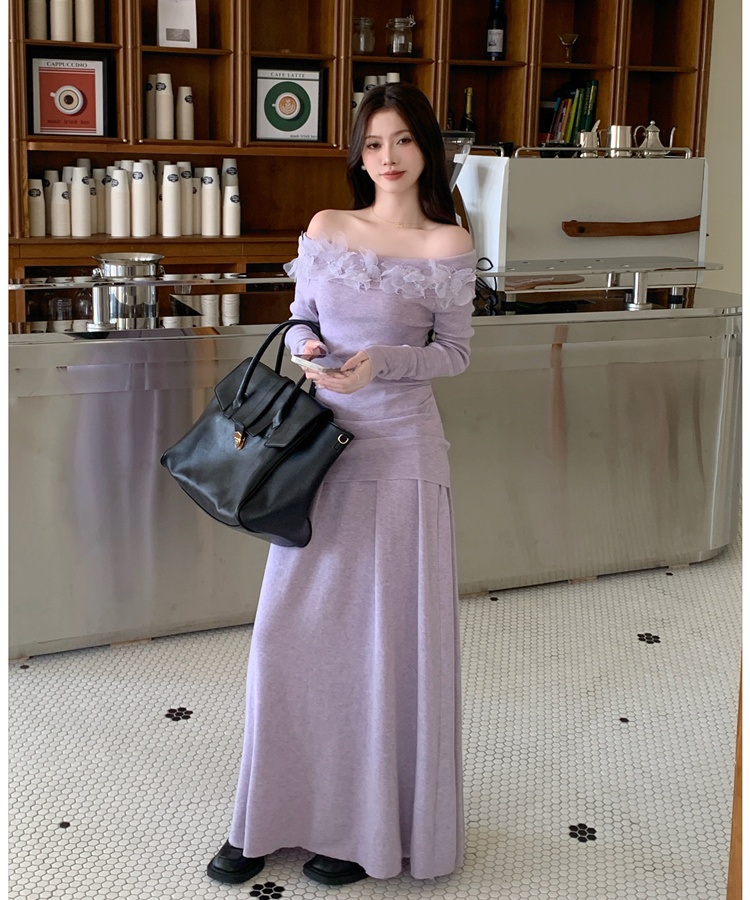 Slim knitted skirt flowers flat shoulder tops a set